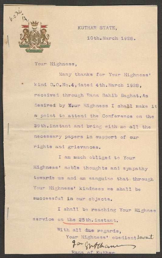 (AOP) India 1928 crested letter signed The Ruler of KUTHAR RANA Jagjit Chand zp