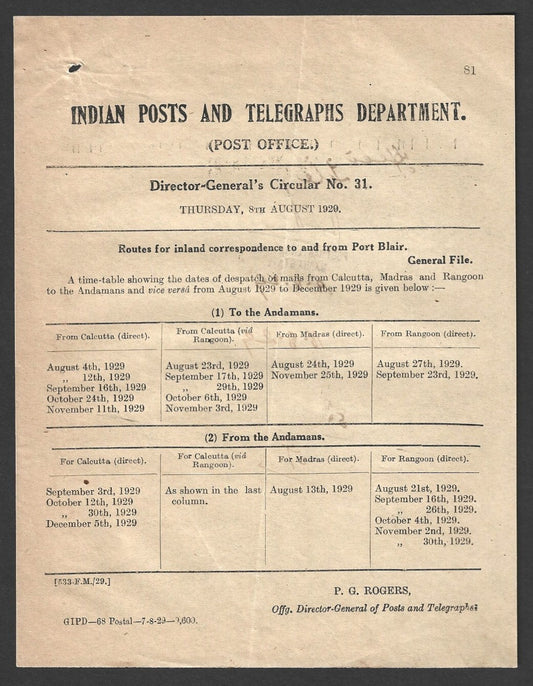 India 1929 DG'S POSTAL CIRCULAR Routes for Correspondence to & from PORT BLAIR