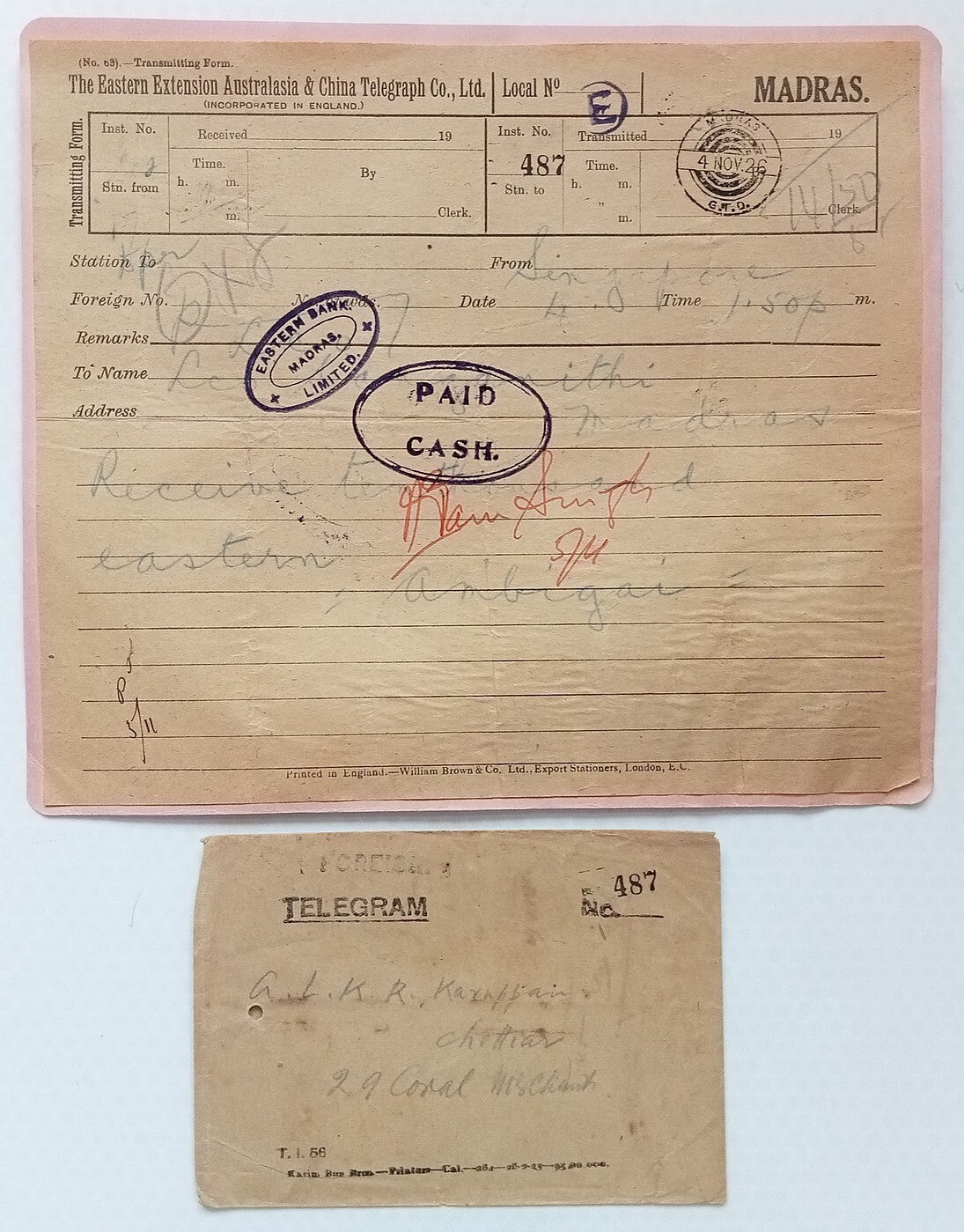 India EASTERN EXTN AUSTRALASIA & CHINA TELEGRAPH CO. telegram & env used 1926