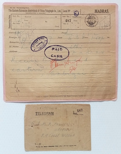 India EASTERN EXTN AUSTRALASIA & CHINA TELEGRAPH CO. telegram & env used 1926