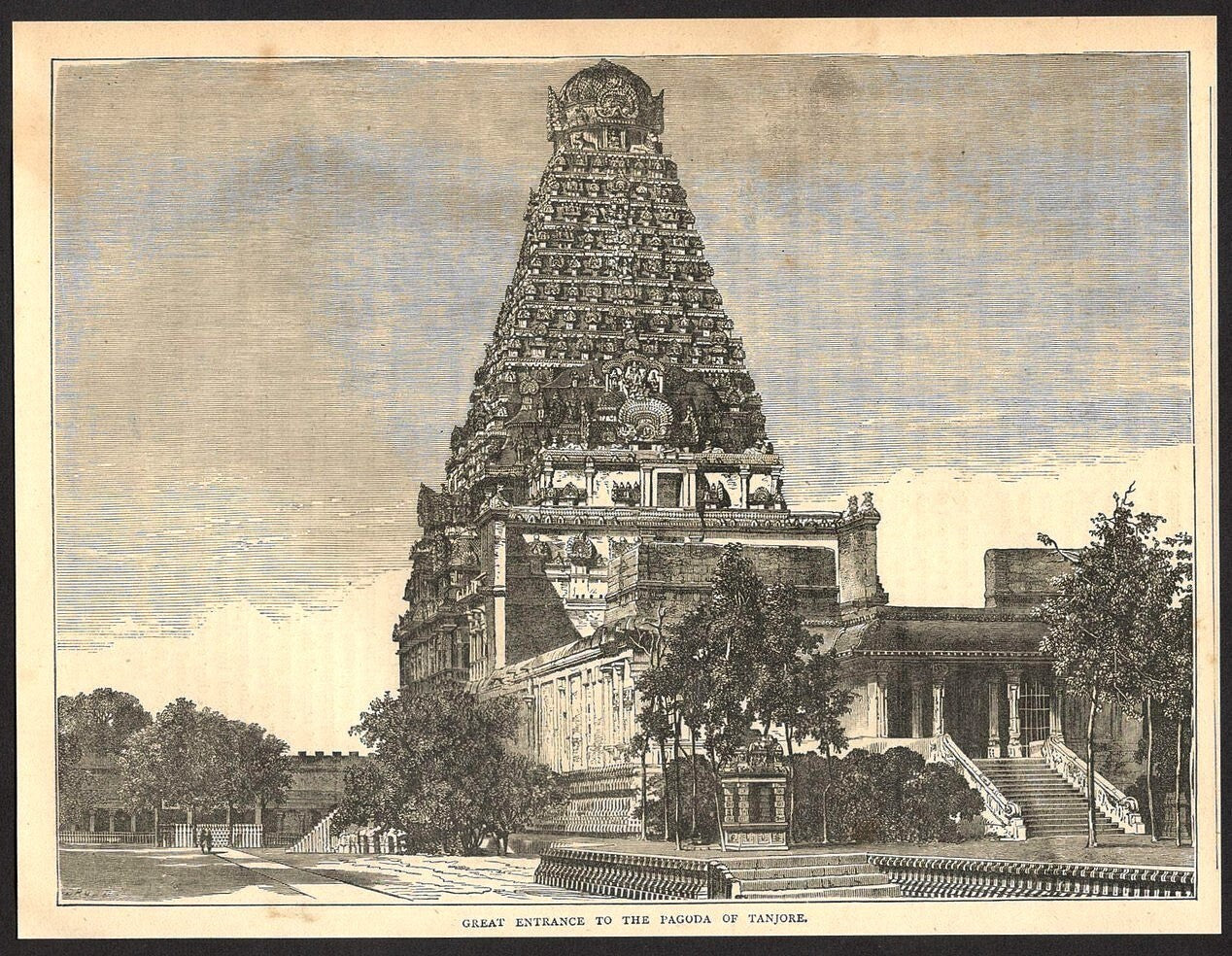 India GREAT ENTRANCE TO THE PAGODA OF TANJORE engraved print Rousslet 1876 9"x7"
