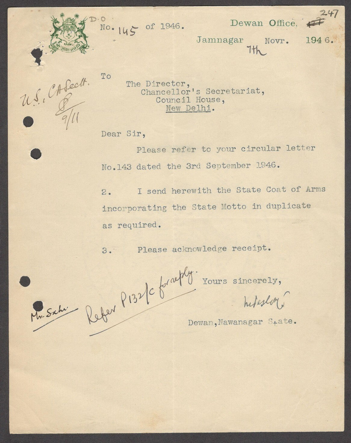 India 1946 crested letter DEWAN OFFIC JAMNAGAR signed