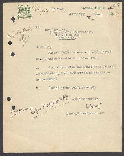 India 1946 crested letter DEWAN OFFIC JAMNAGAR signed
