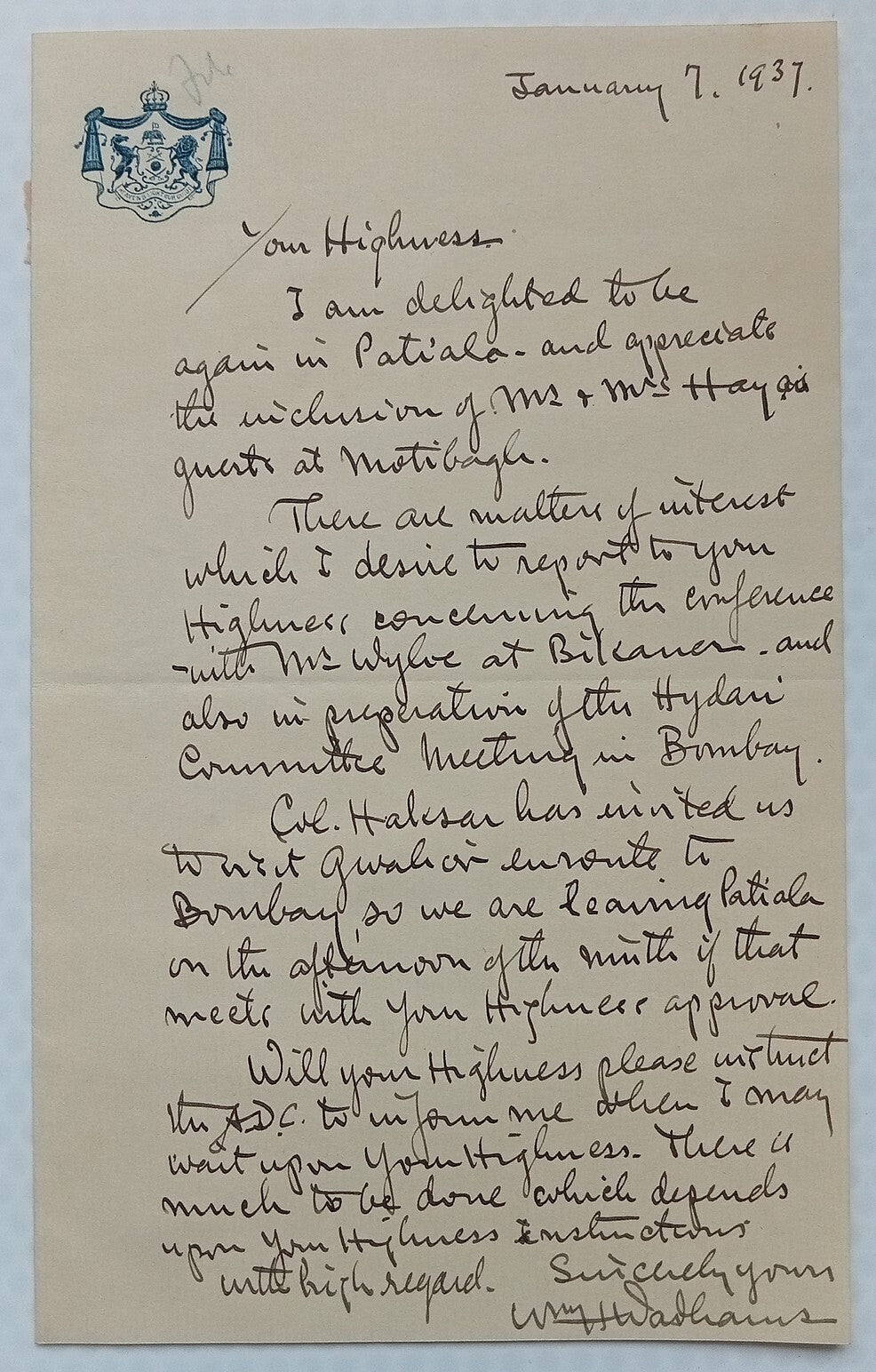 PATIALA STATE crested letter 1937 India