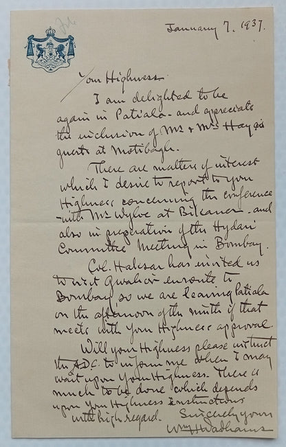PATIALA STATE crested letter 1937 India
