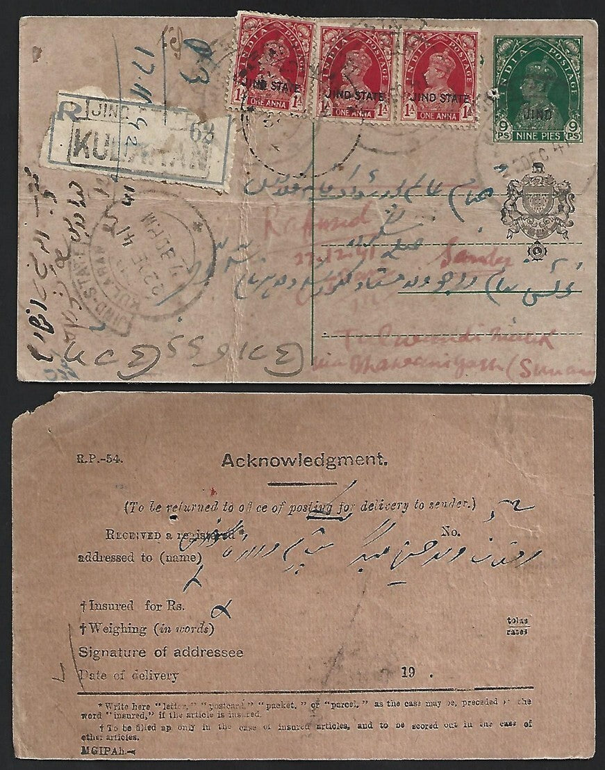 (AOP) India PATIALA State KGVI 9p postal card uprated for registration