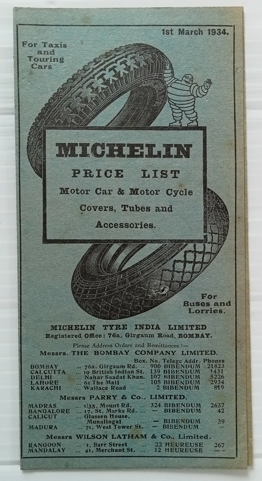 AOP india Feb 1934 MICHELIN India Tyres Price List 