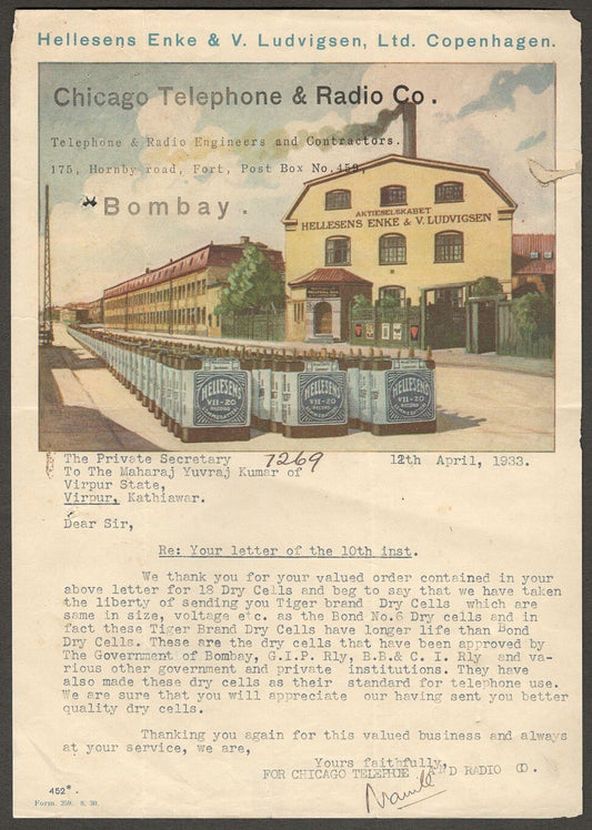 (AOP) India 1933 pictorial letterhead CHICAGO TELEPHONE & RADIO CO.