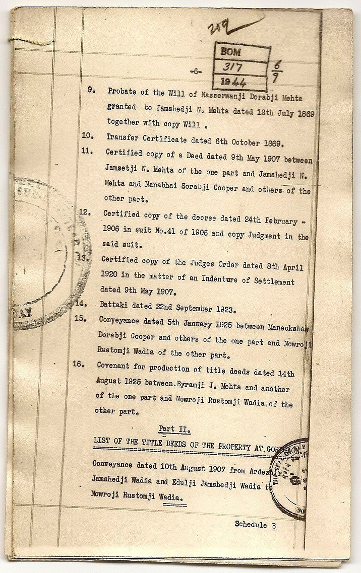 India 1944 photo doc Shaporji P Mistry mortgage DN Rd property to Naoraji Wadia