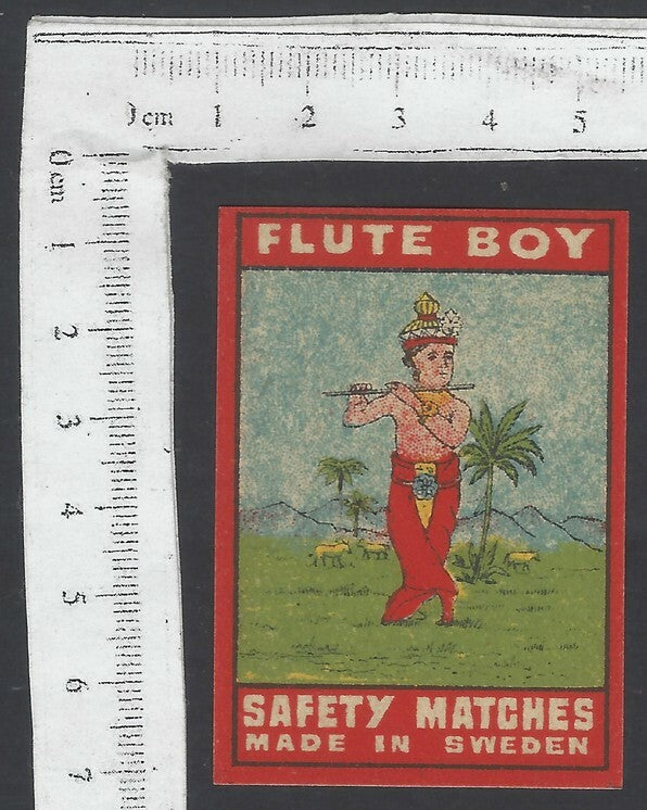 AOP India vintage matchbox label Flute Boy (Krishna) Made in Sweden