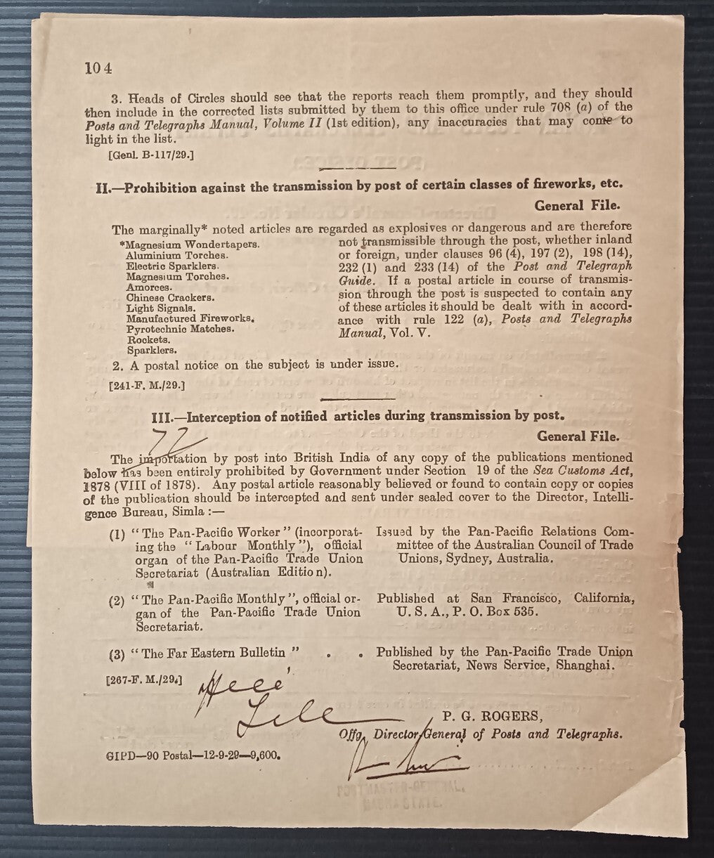 India 1929 POSTAL NOTICE + CIRCULAR Prohibition transmission of fireworks
