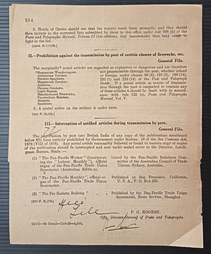 India 1929 POSTAL NOTICE + CIRCULAR Prohibition transmission of fireworks