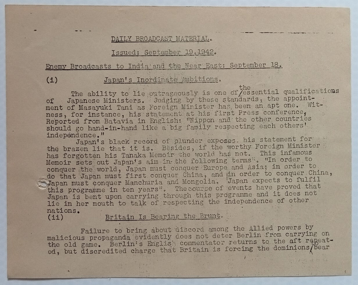 India WW2 National War Front DAILY BACKGROUND MATERIAL leaflet