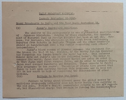 India WW2 National War Front DAILY BACKGROUND MATERIAL leaflet