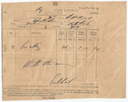 India 1886 State Railway Passenger Luggage Ticket