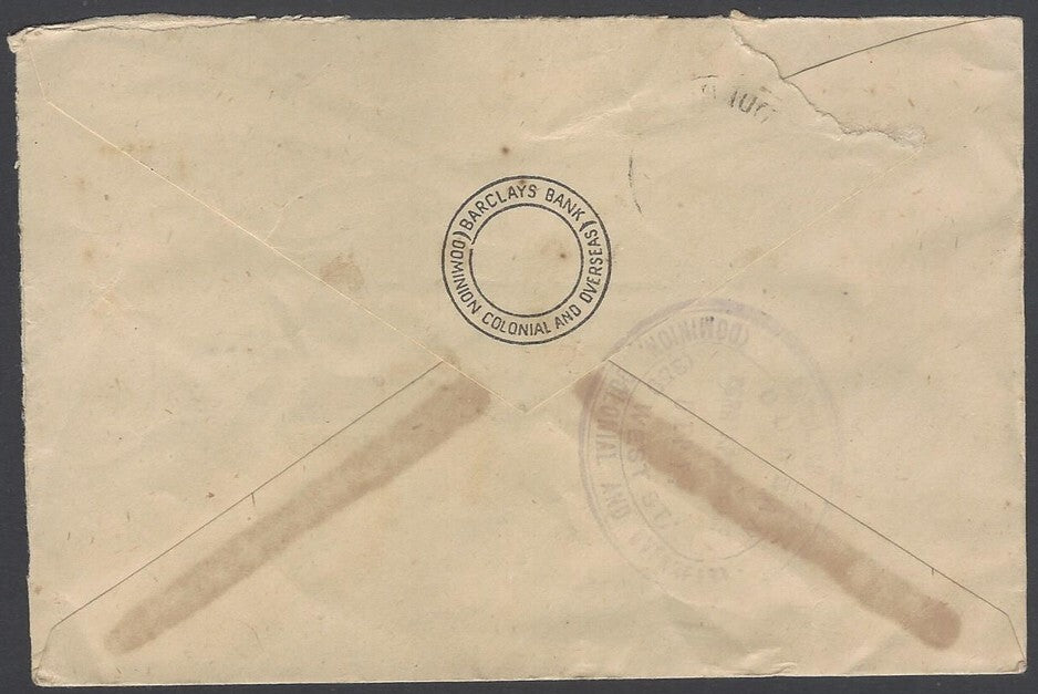 AOP South Africa 1943 bantam 2d single franking cover Durban to India