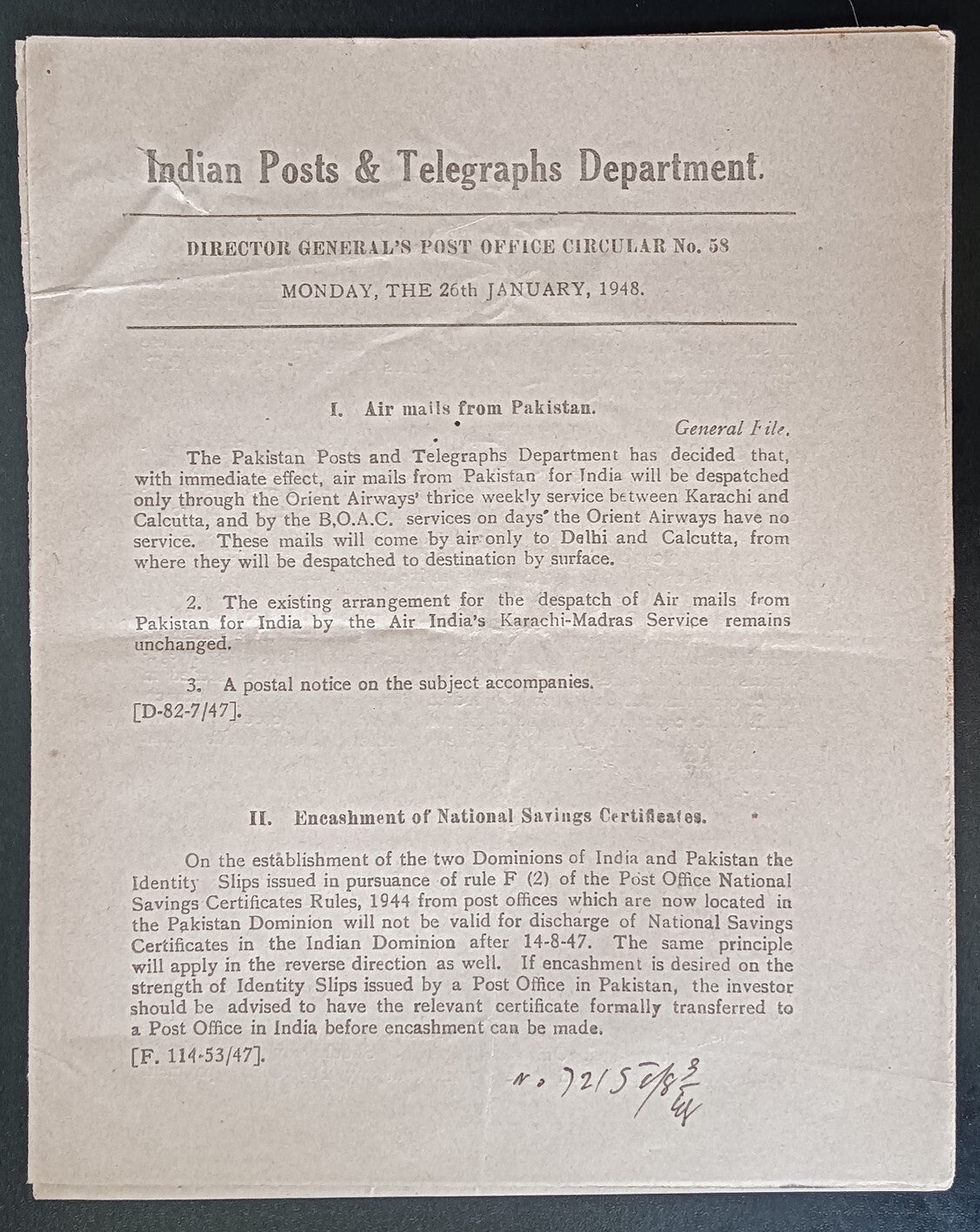 India POSTAL NOTICE No. 58 26th January 1948 Air Mails from Pakistan + CIRCULAR