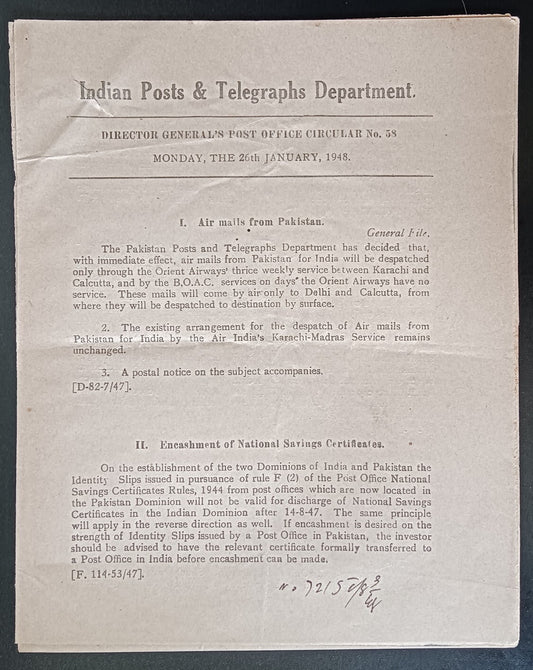 India POSTAL NOTICE No. 58 26th January 1948 Air Mails from Pakistan + CIRCULAR