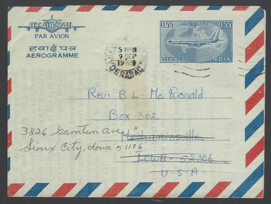 India 0.55 air letter used & redirected 1965 to USA HG #FG36