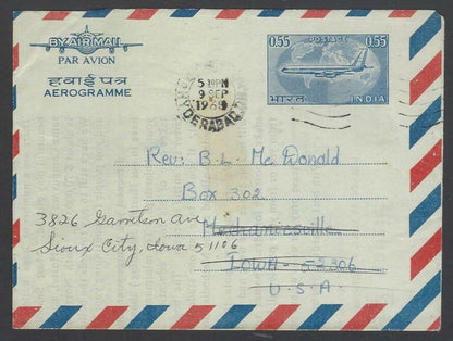 India 0.55 air letter used & redirected 1965 to USA HG #FG36