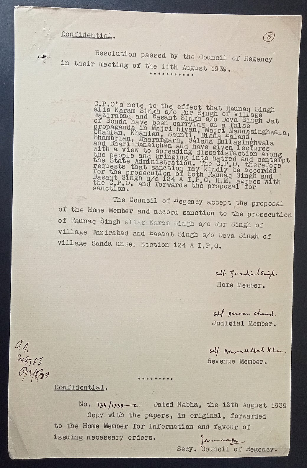 British India 1939 Permission to prosecute 2 Sikhs for Anti State propaganda