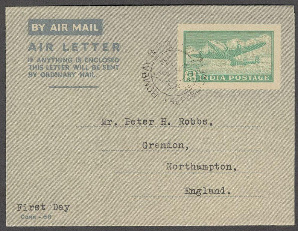 India 1951 aerogramme 8a used first day to England (correct rate)