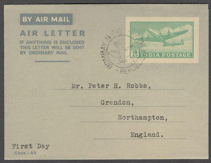 India 1951 aerogramme 8a used first day to England (correct rate)