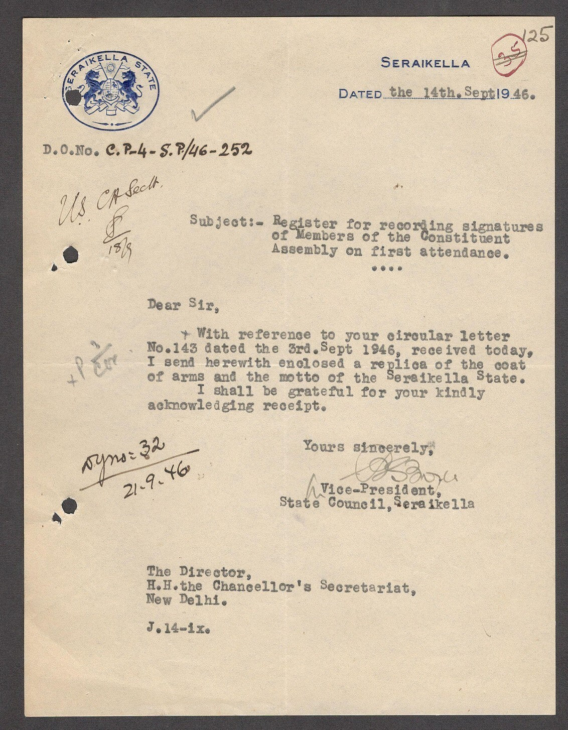 India 1946 crested letter SERAIKELLA STATE