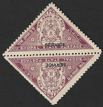 India BHOPAL State 1935-39 1a6p triangle pair MNH. SG O332 £14