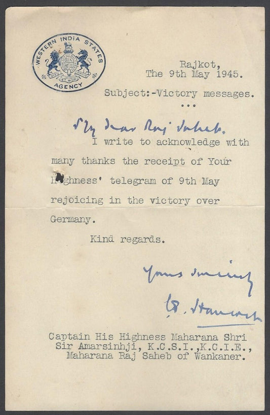 Western Indian States signed crested letter 9th May 1945 Re victory over Germany