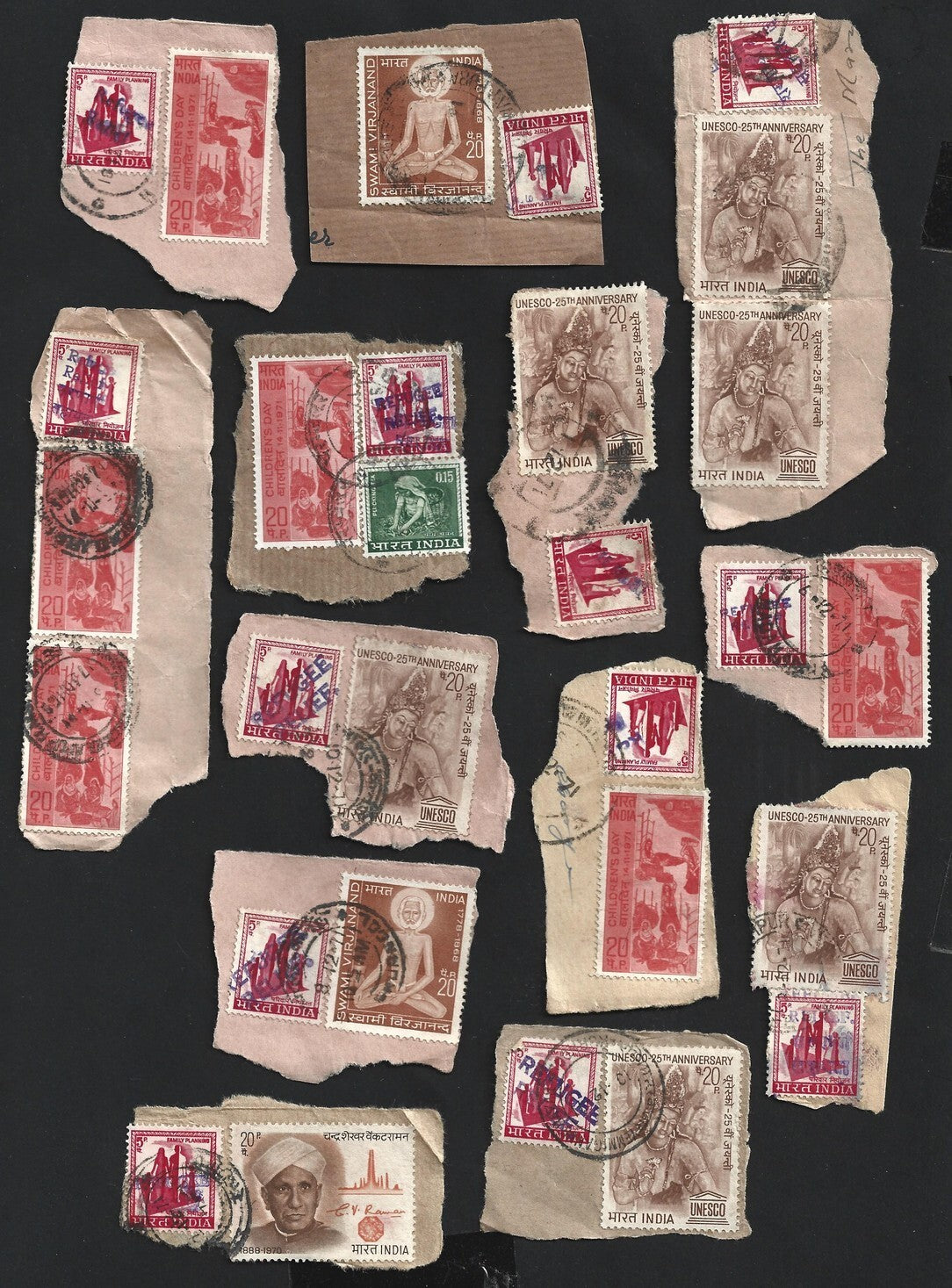 India 1971 Refugee Relief rubberstamp ovpts on pieces 19 pic LARGE COLLECTION