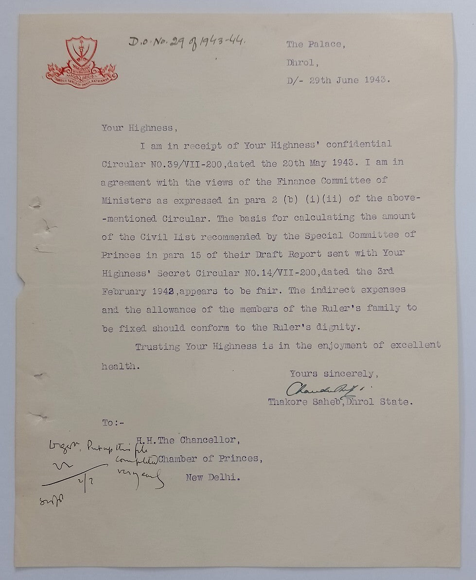 DHROL India 1943 crested letter signed by ruler Thakore Chandrasinhji Dipsinhji