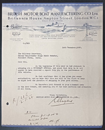 BRITISH BOAT MNF. CO. 1936 pictorial letterhead to India