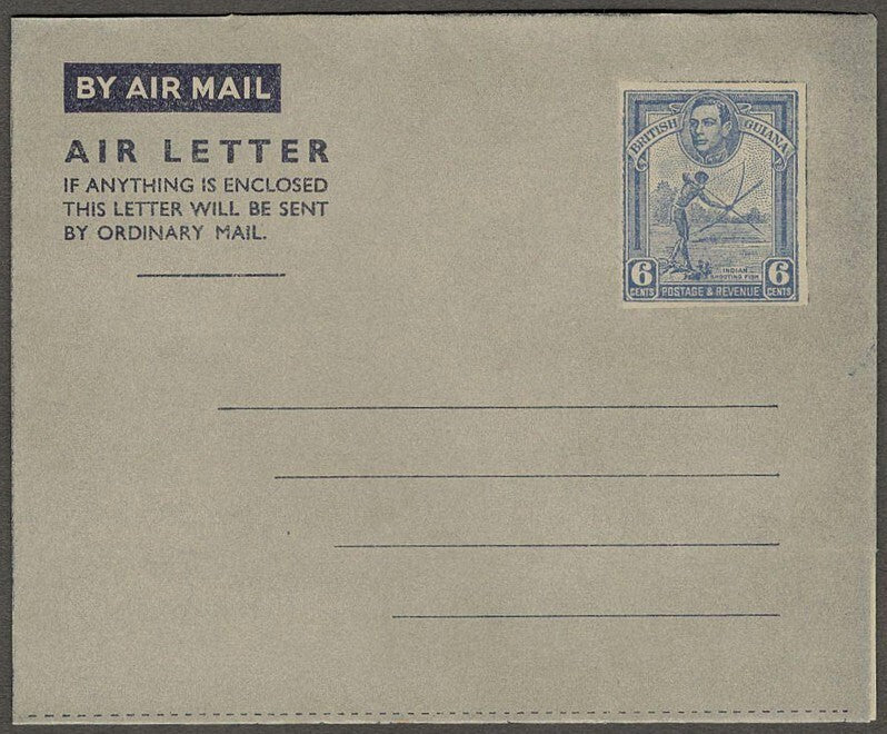 (AOP) British Guiana 1950 6c Indian Shooting Fish aerogramme unused. HG #FG3