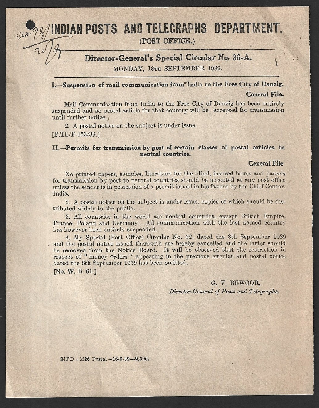India 1939 POSTAL NOTICE Suspension of Mail to Free City of Danzig