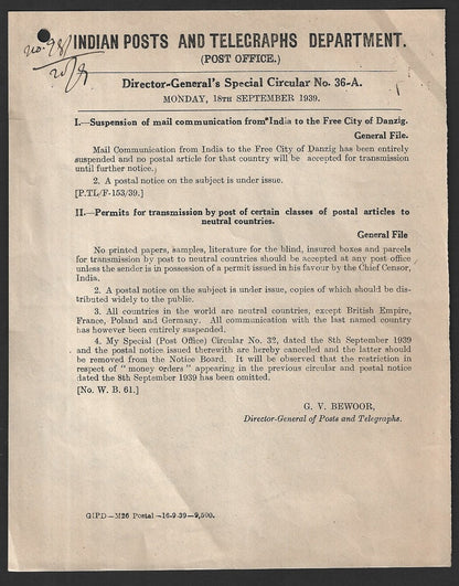 India 1939 POSTAL NOTICE Suspension of Mail to Free City of Danzig