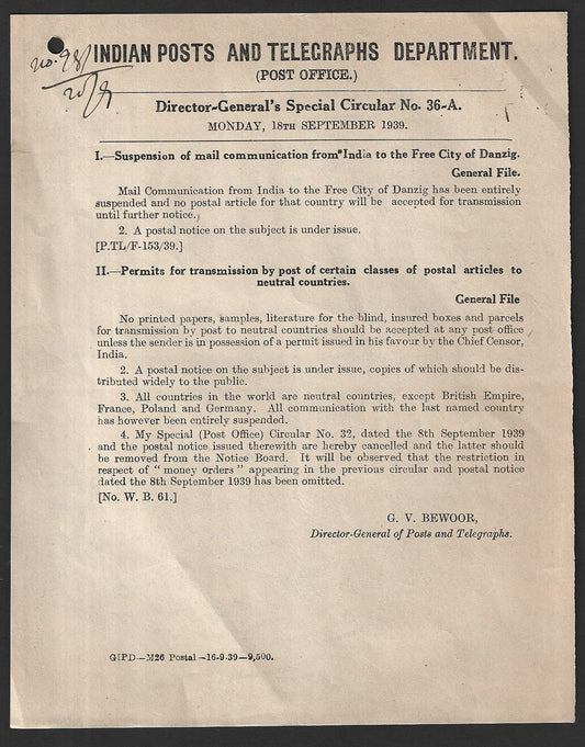 India 1939 POSTAL NOTICE Suspension of Mail to Free City of Danzig