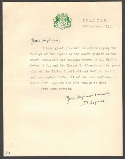 India 1935 crested letter signed The Ruler of PHALTAN Naik Maloji Rao IV