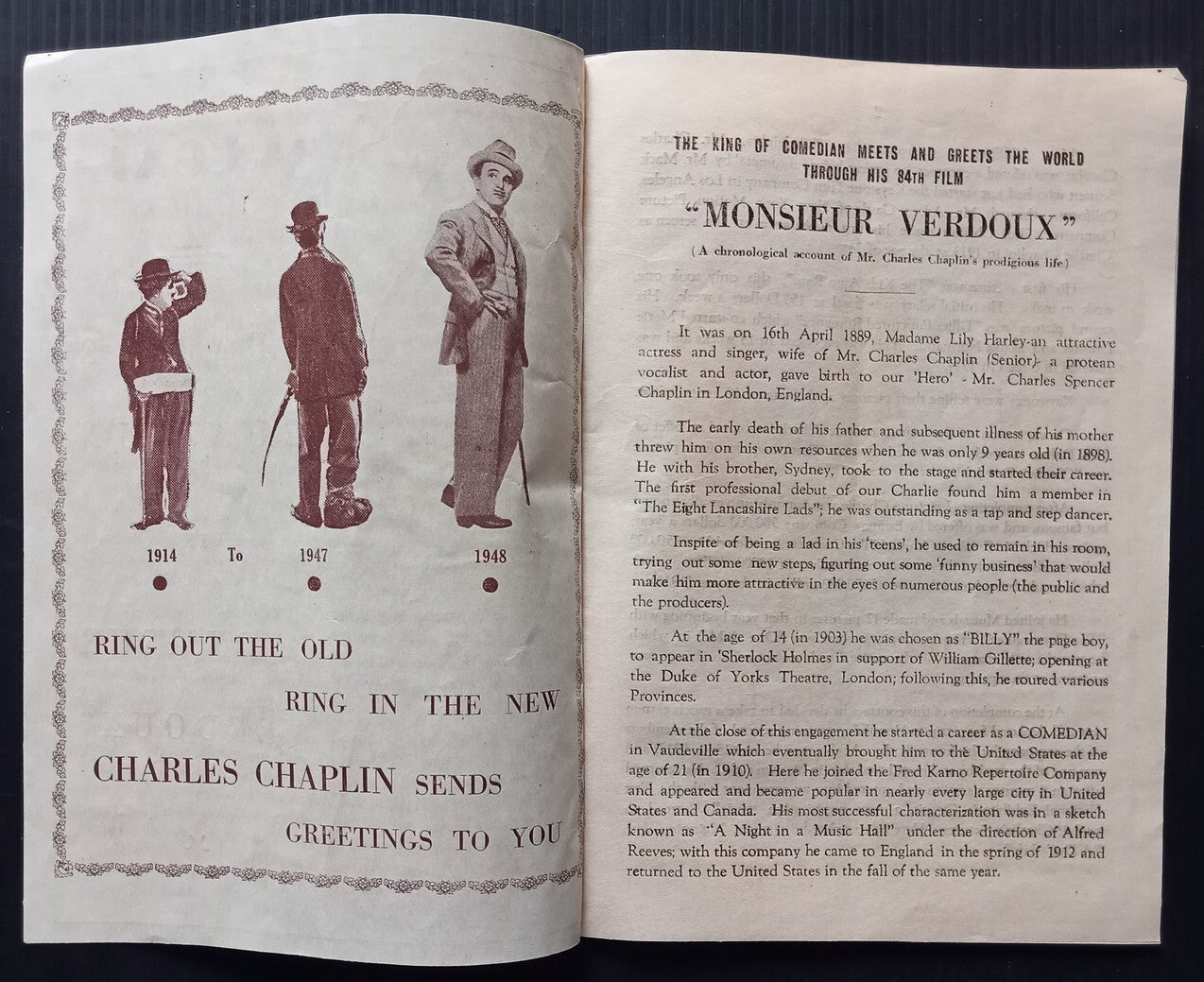 Charlie Chaplin in MONSIEUR VERDOUX vintage press book for India