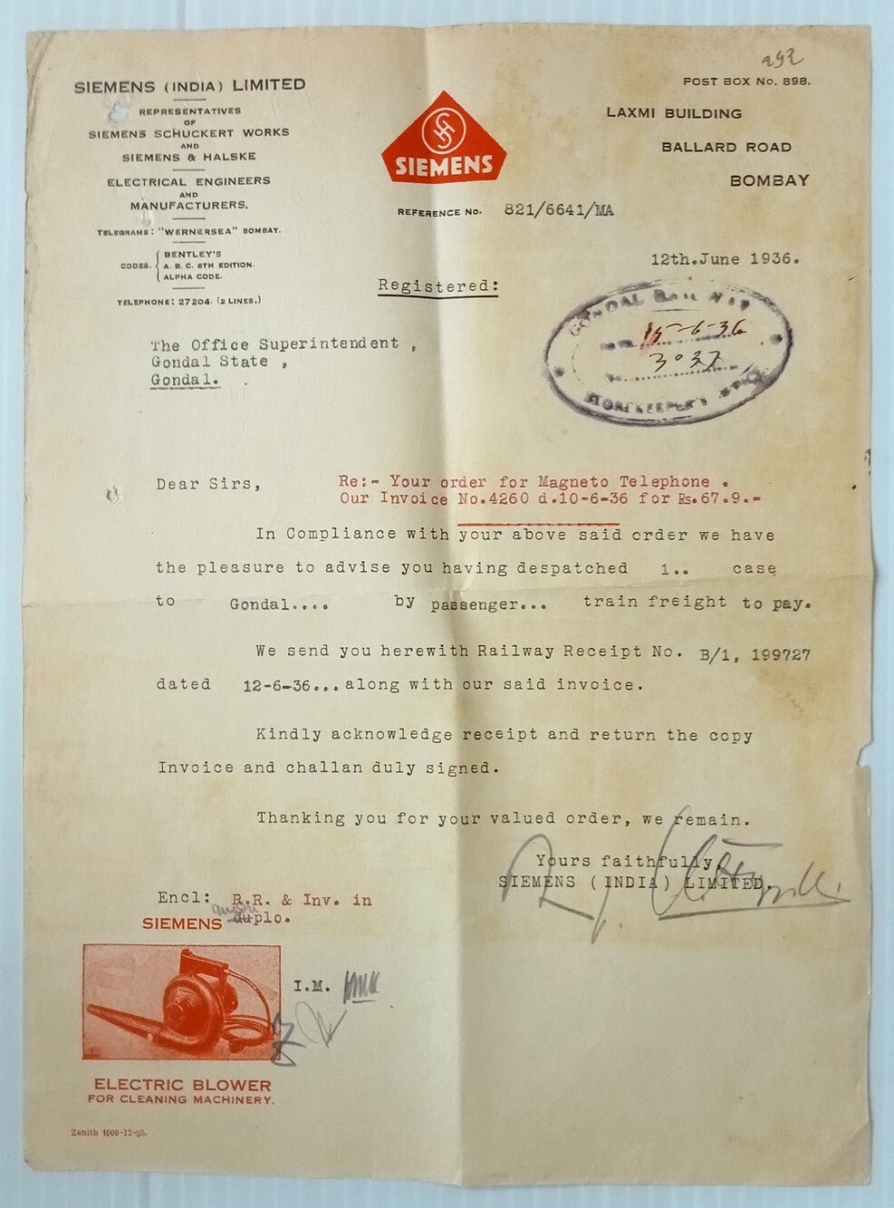 AOP Siemens Electric Blower Bombay 1936 illustrated letterhead India