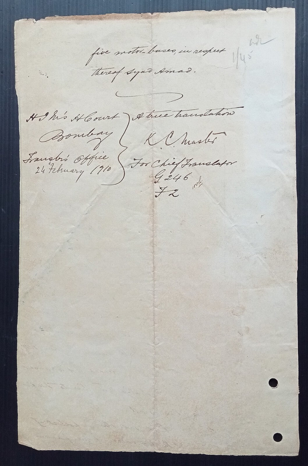 India Bombay 1908 Motor Bus trials letter with Court Fee stamps