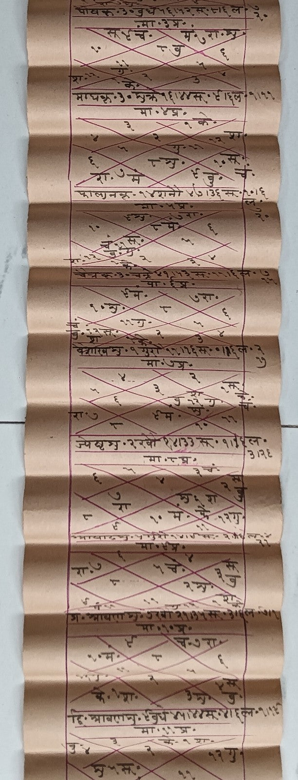 India vintage hand drawn handwritten Hindu horoscope scroll 6 x 114 inches