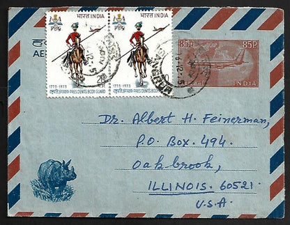 AOP India 85p Rhino aerogramme uprated 40p used 1975 to USA