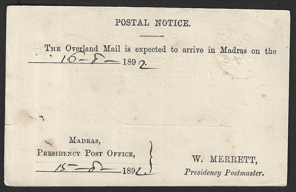 East India green ON POSTAL SERVICE postcard wi Overland Mail Postal Notice 1892