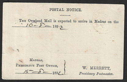 East India green ON POSTAL SERVICE postcard wi Overland Mail Postal Notice 1892