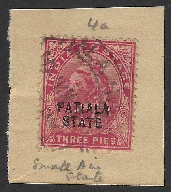 India Patiala State QV 3p with small A in STATE constant error