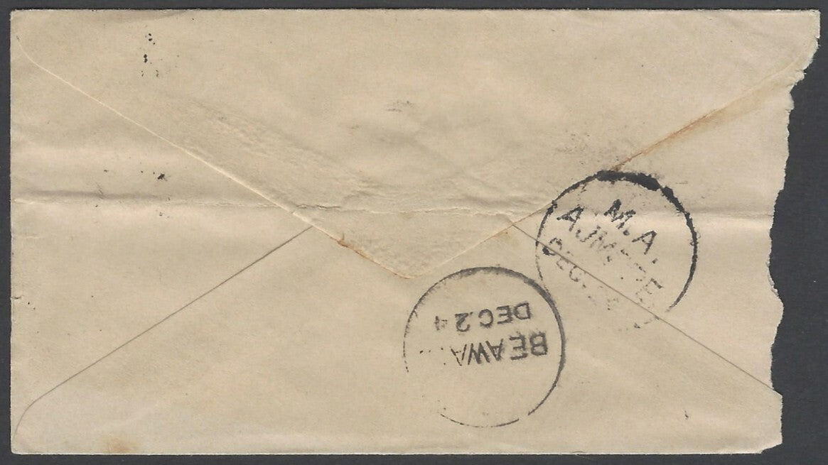AOP India QV 1/2a blue env canc RMS in bars, bs sc "M.A./AJMERE/DEC.24"