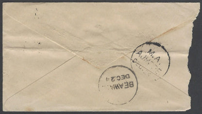 AOP India QV 1/2a blue env canc RMS in bars, bs sc "M.A./AJMERE/DEC.24"