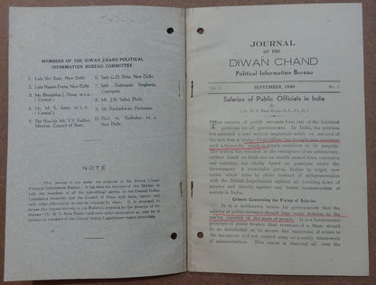 Dewan Chand Political Information Bureau monthly 1940 SALARIES OF INDIAN OFFICIA