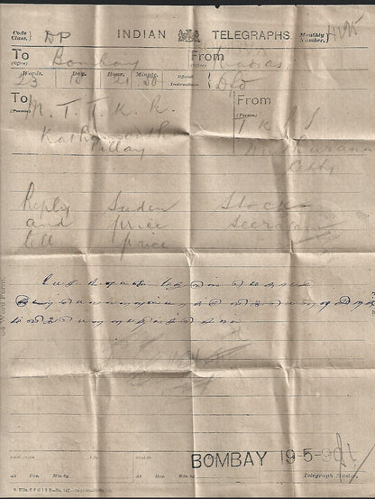 India 1890 OHMS telegram Madras to Bombay & red envelope with postmarks